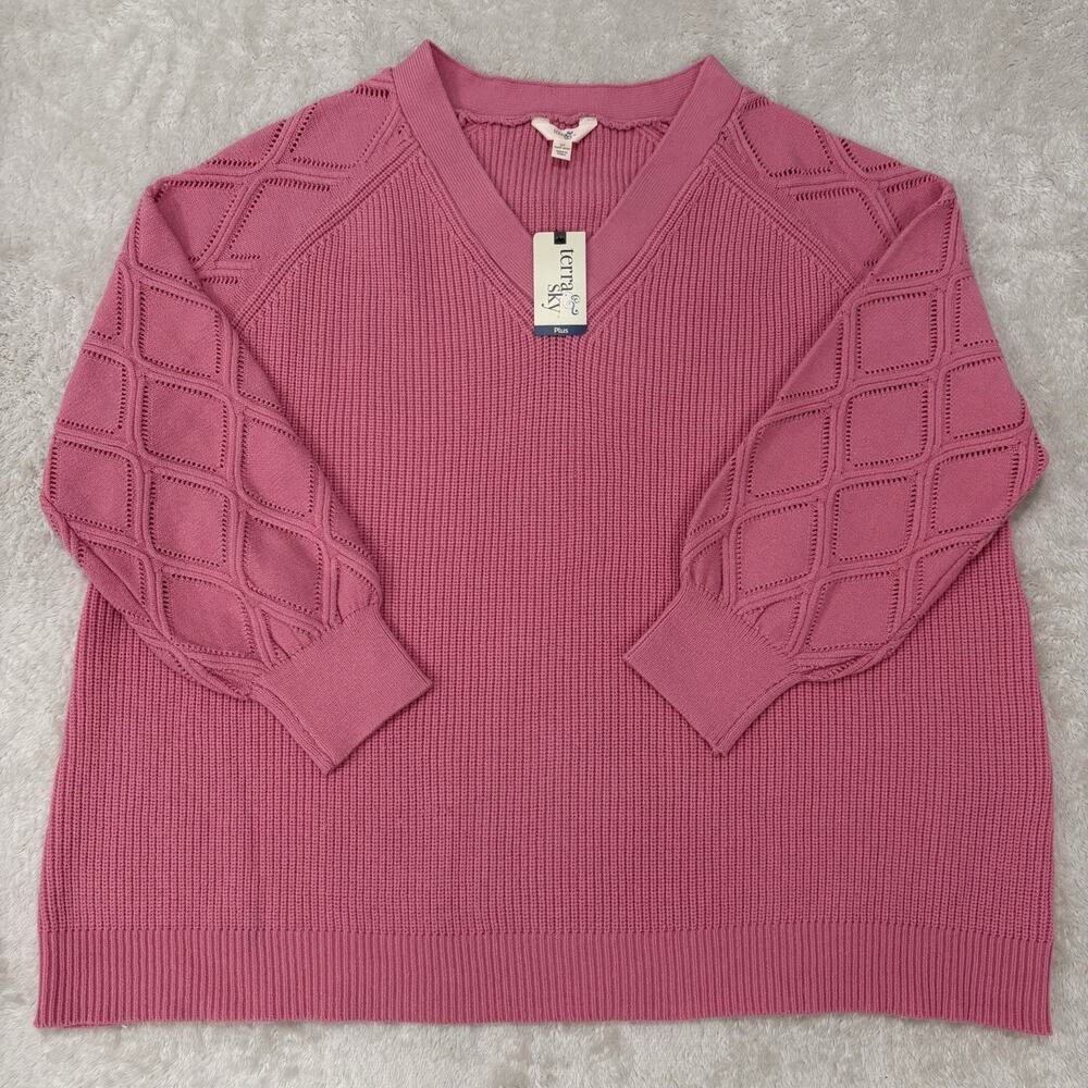 Terra & Sky Womens 3X Pink Glass Pointelle Sleeve V Neck Sweater NWT Plus